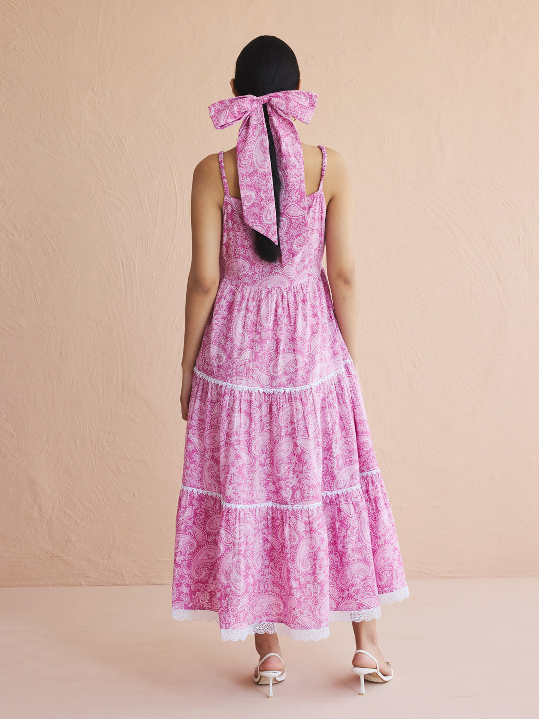 FIORRA Women's Pink Paisley Printed Cotton Tiered Dress